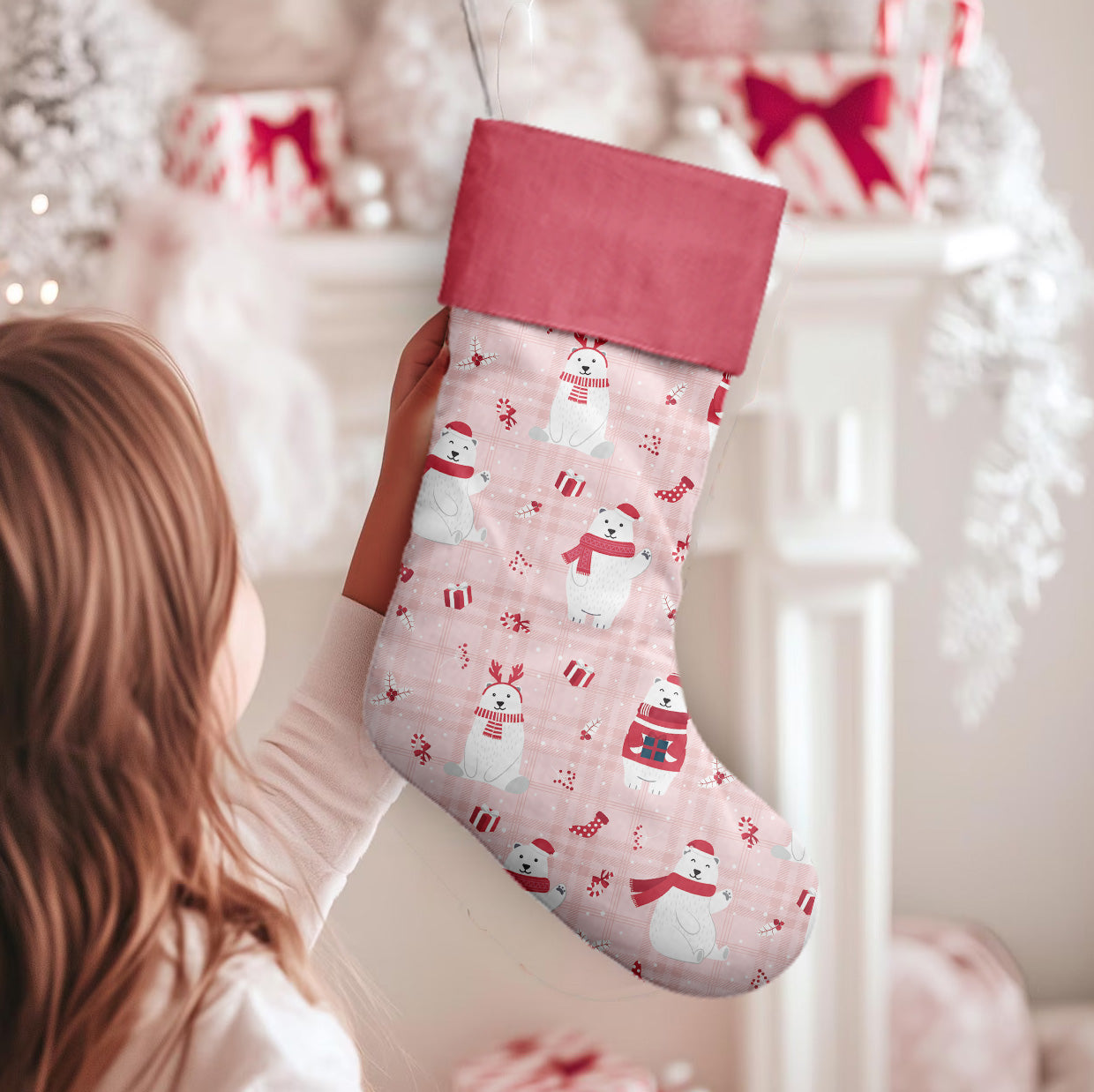 Merry Polar Bears Pink- Christmas Stocking