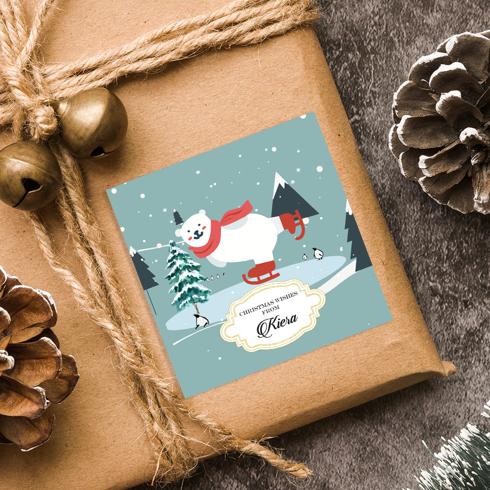 Skiing Polar Bear Christmas Gift Sticker (Set of 24)